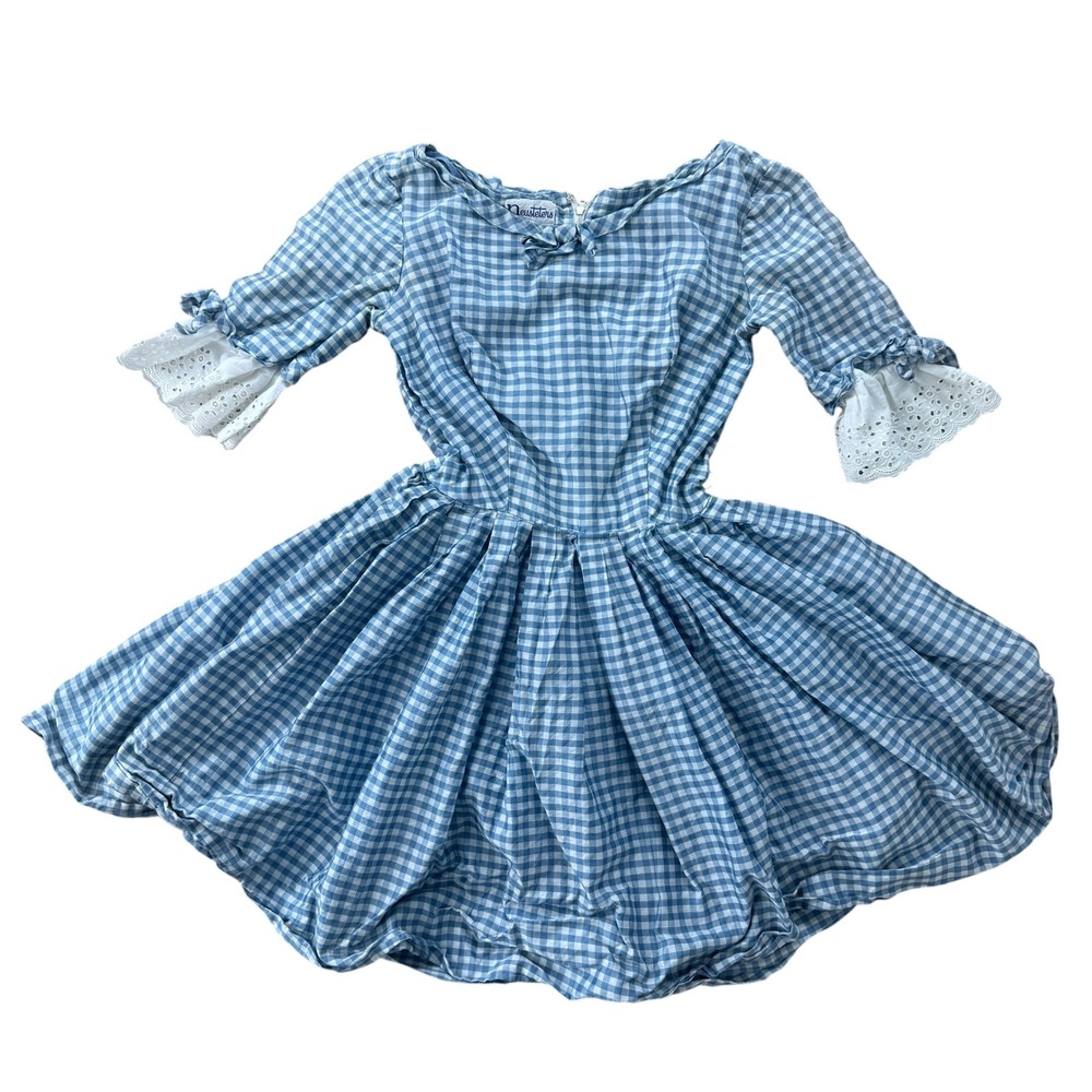Neusteters Vintage 60s Gingham Prairie Swing Dress Lace Puff Sleeve Blue S
